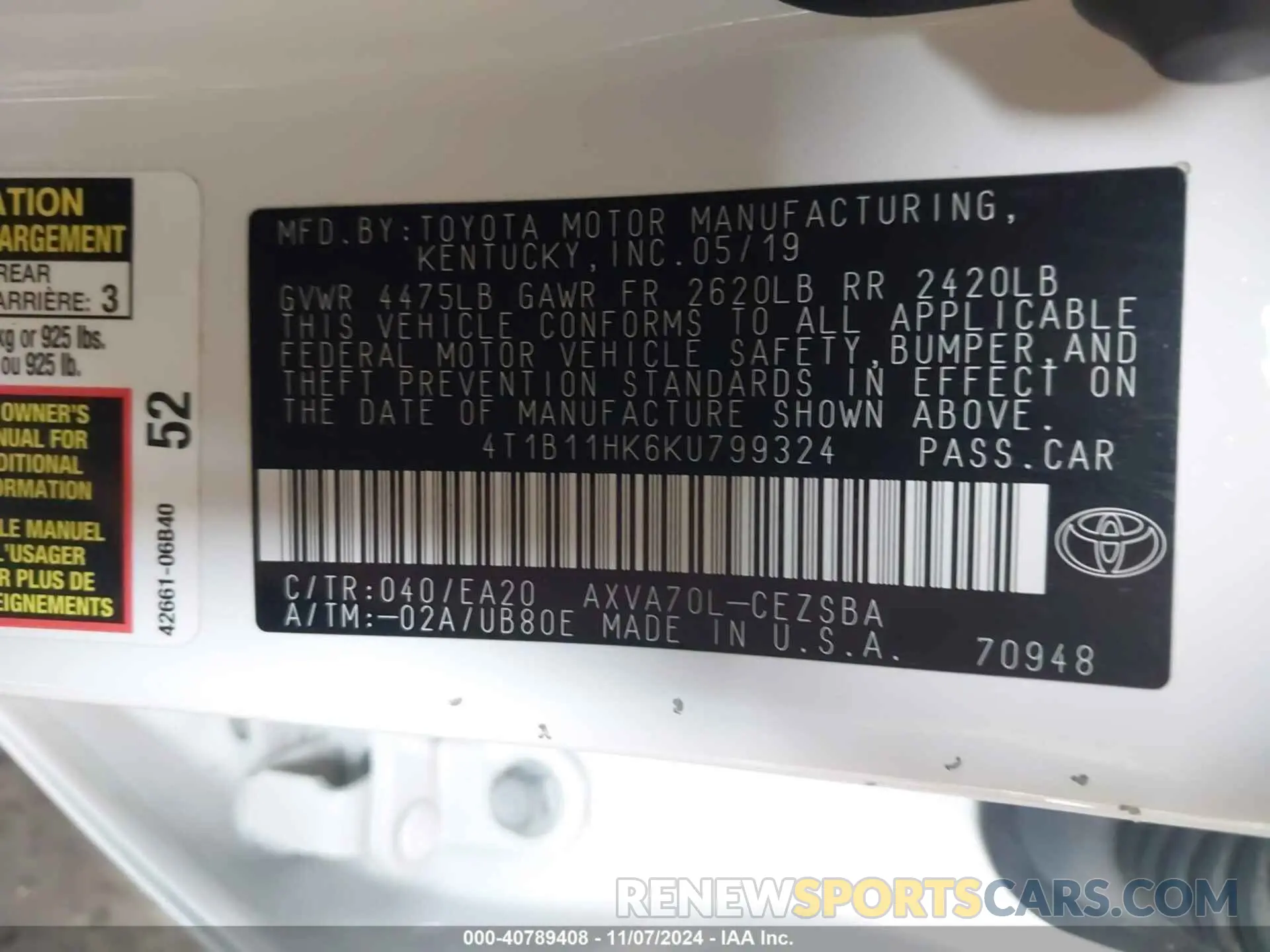 9 Photograph of a damaged car 4T1B11HK6KU799324 TOYOTA CAMRY 2019
