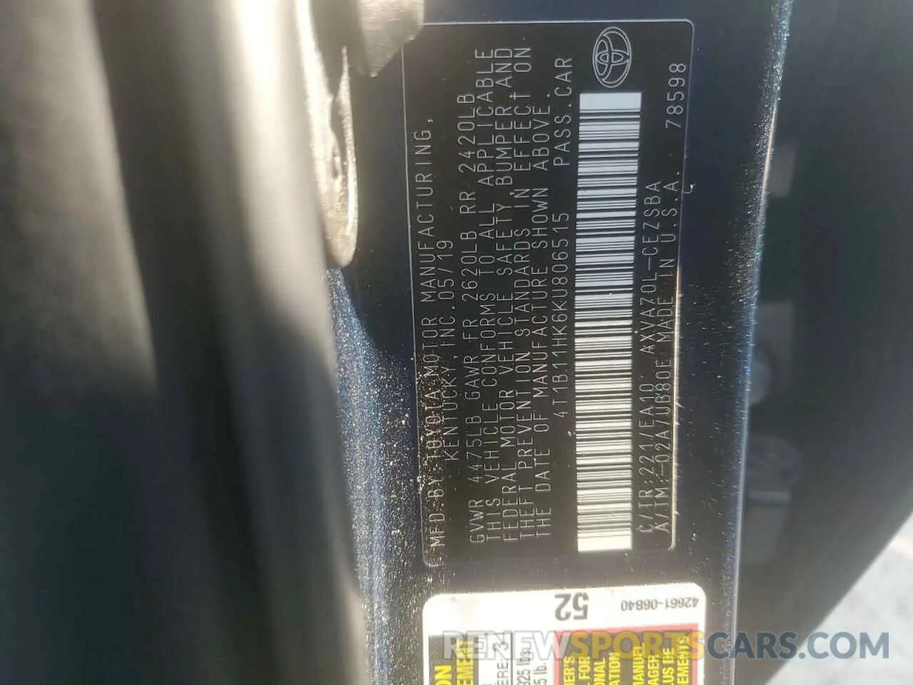 13 Photograph of a damaged car 4T1B11HK6KU806515 TOYOTA CAMRY 2019
