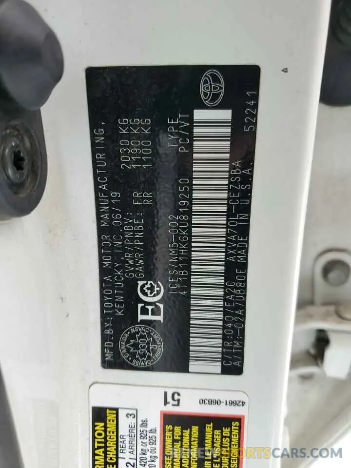 12 Photograph of a damaged car 4T1B11HK6KU819250 TOYOTA CAMRY 2019