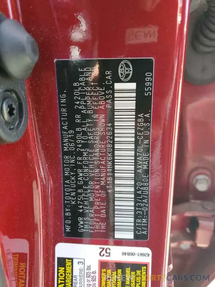 12 Photograph of a damaged car 4T1B11HK6KU822634 TOYOTA CAMRY 2019