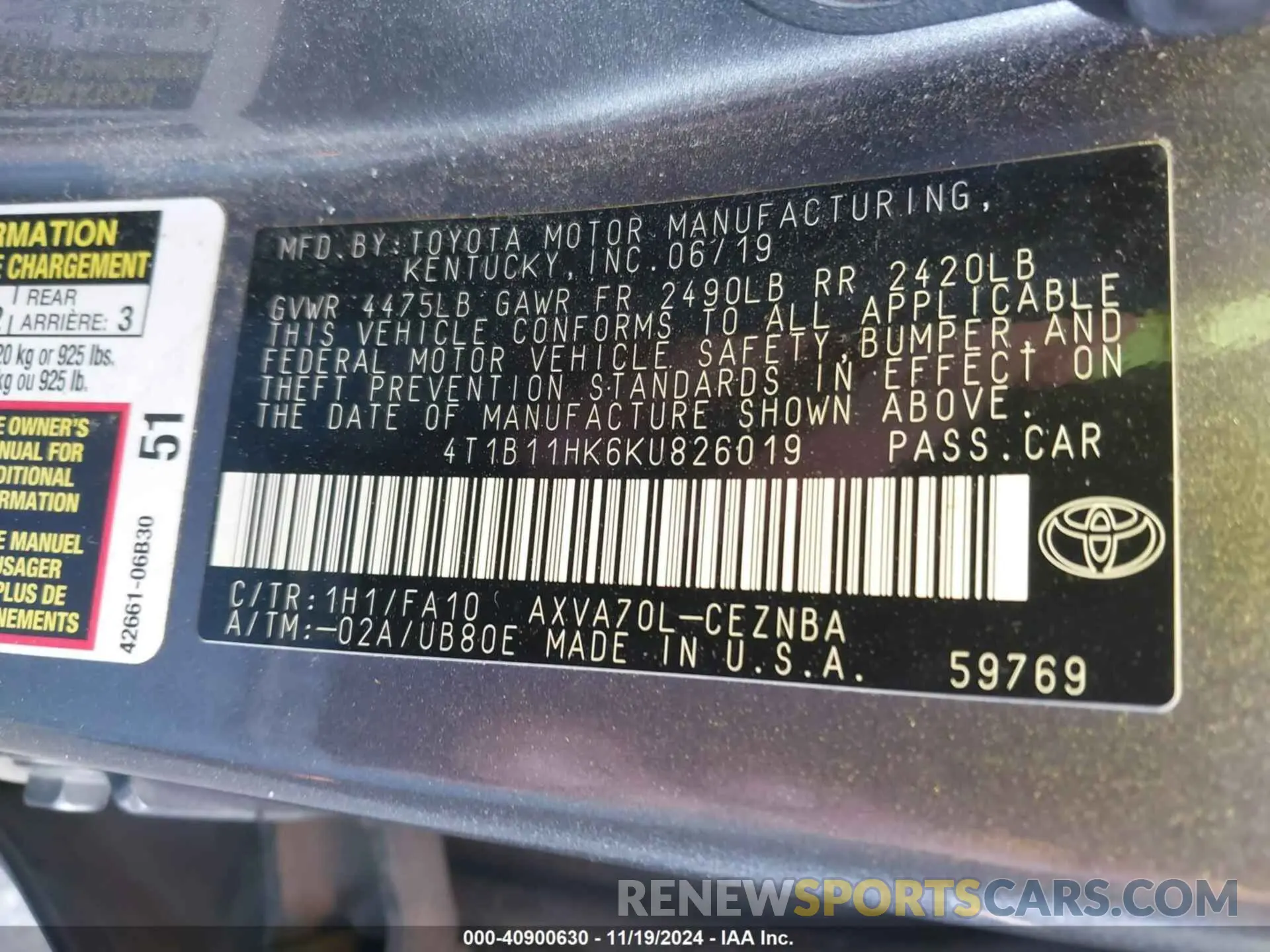 6 Photograph of a damaged car 4T1B11HK6KU826019 TOYOTA CAMRY 2019