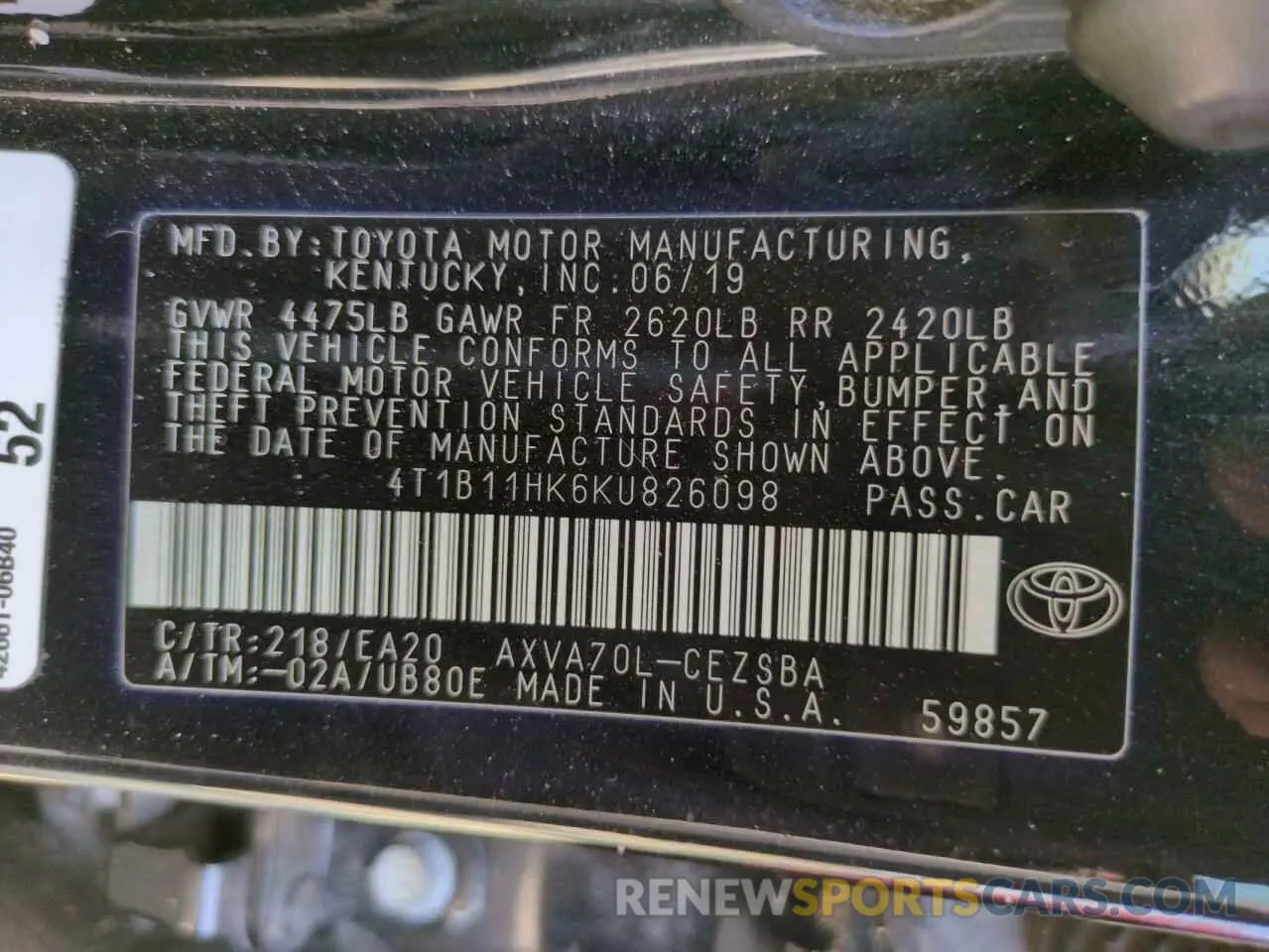 13 Photograph of a damaged car 4T1B11HK6KU826098 TOYOTA CAMRY 2019