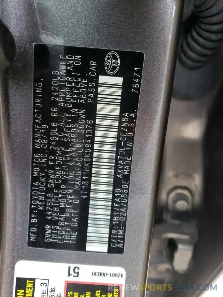 13 Photograph of a damaged car 4T1B11HK6KU841376 TOYOTA CAMRY 2019
