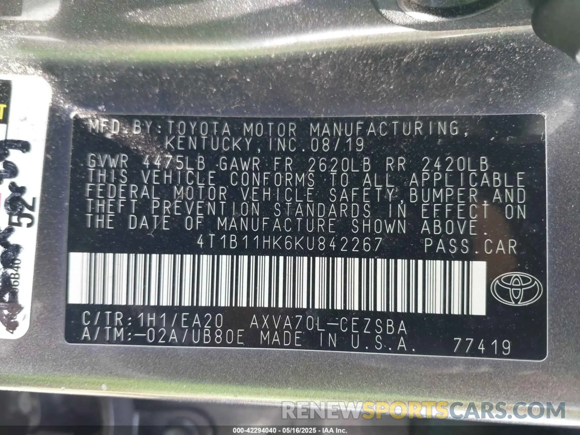 9 Photograph of a damaged car 4T1B11HK6KU842267 TOYOTA CAMRY 2019