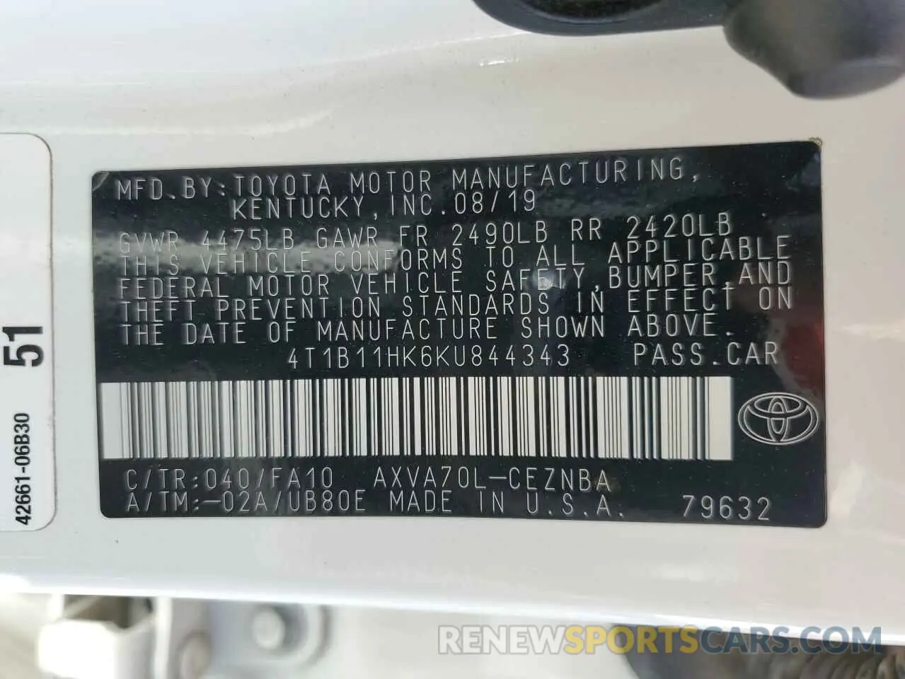 12 Photograph of a damaged car 4T1B11HK6KU844343 TOYOTA CAMRY 2019
