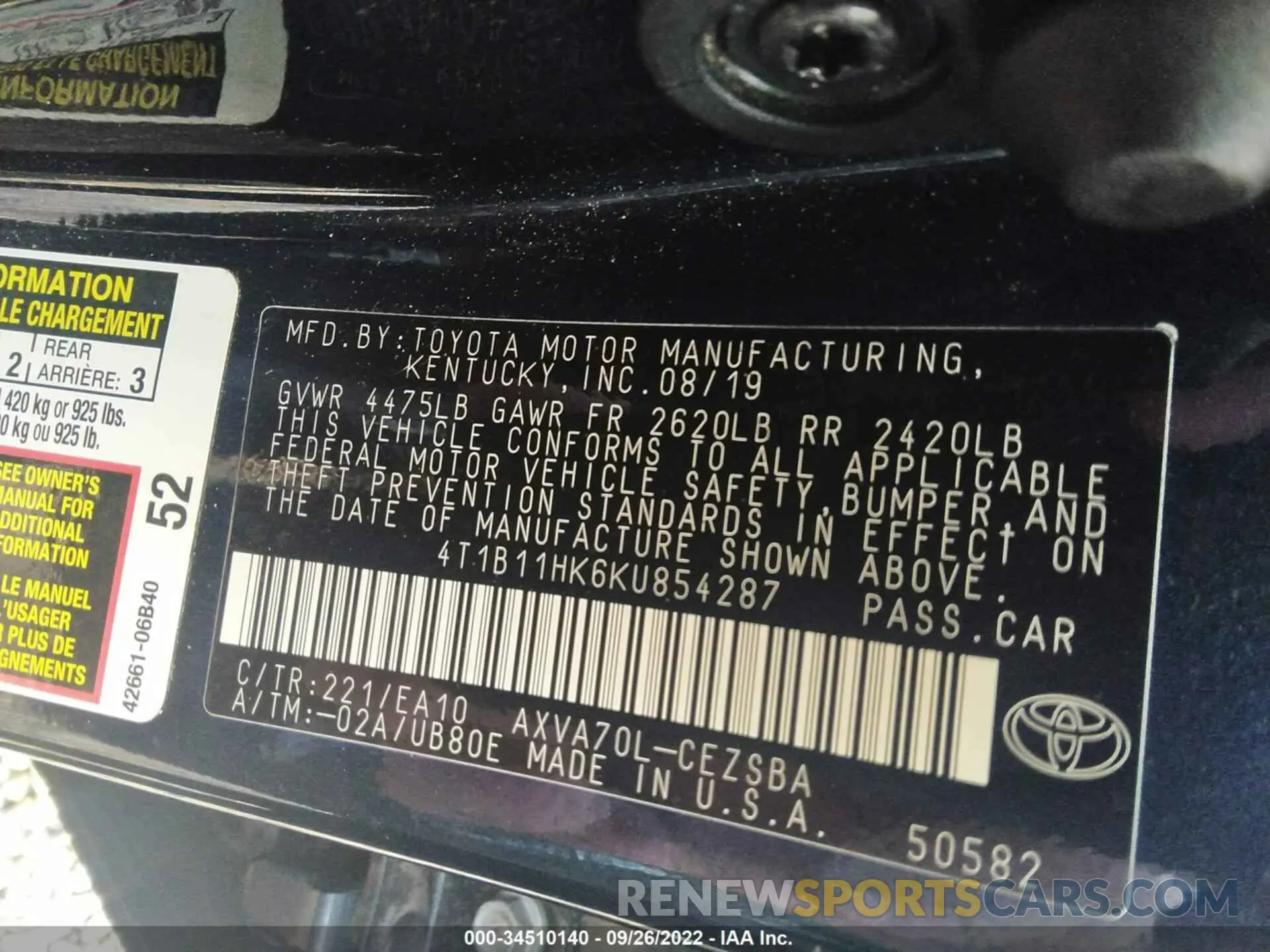 9 Photograph of a damaged car 4T1B11HK6KU854287 TOYOTA CAMRY 2019