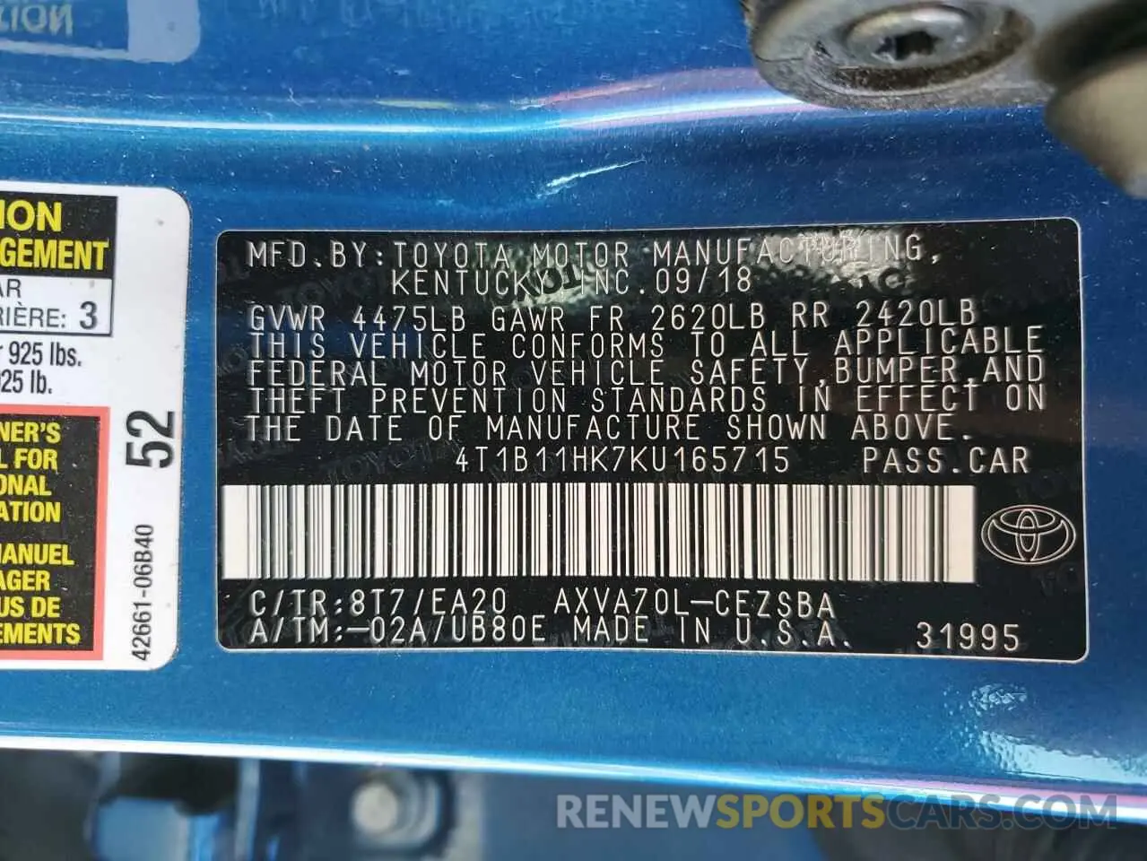 13 Photograph of a damaged car 4T1B11HK7KU165715 TOYOTA CAMRY 2019