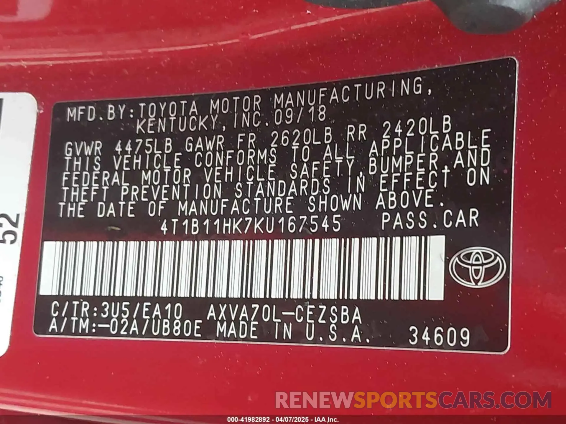 9 Photograph of a damaged car 4T1B11HK7KU167545 TOYOTA CAMRY 2019