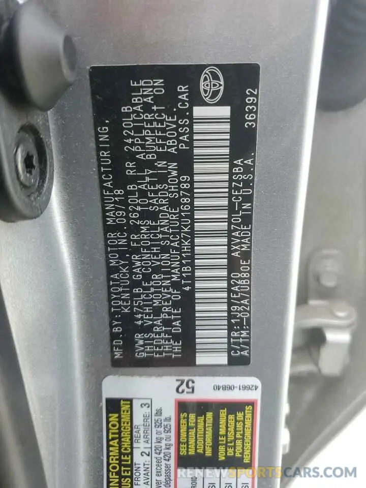 12 Photograph of a damaged car 4T1B11HK7KU168789 TOYOTA CAMRY 2019