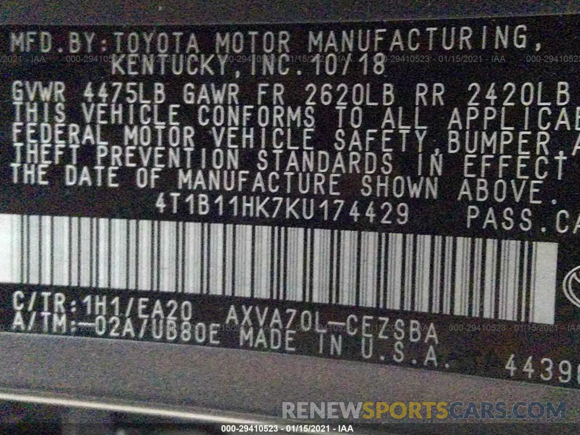 9 Photograph of a damaged car 4T1B11HK7KU174429 TOYOTA CAMRY 2019