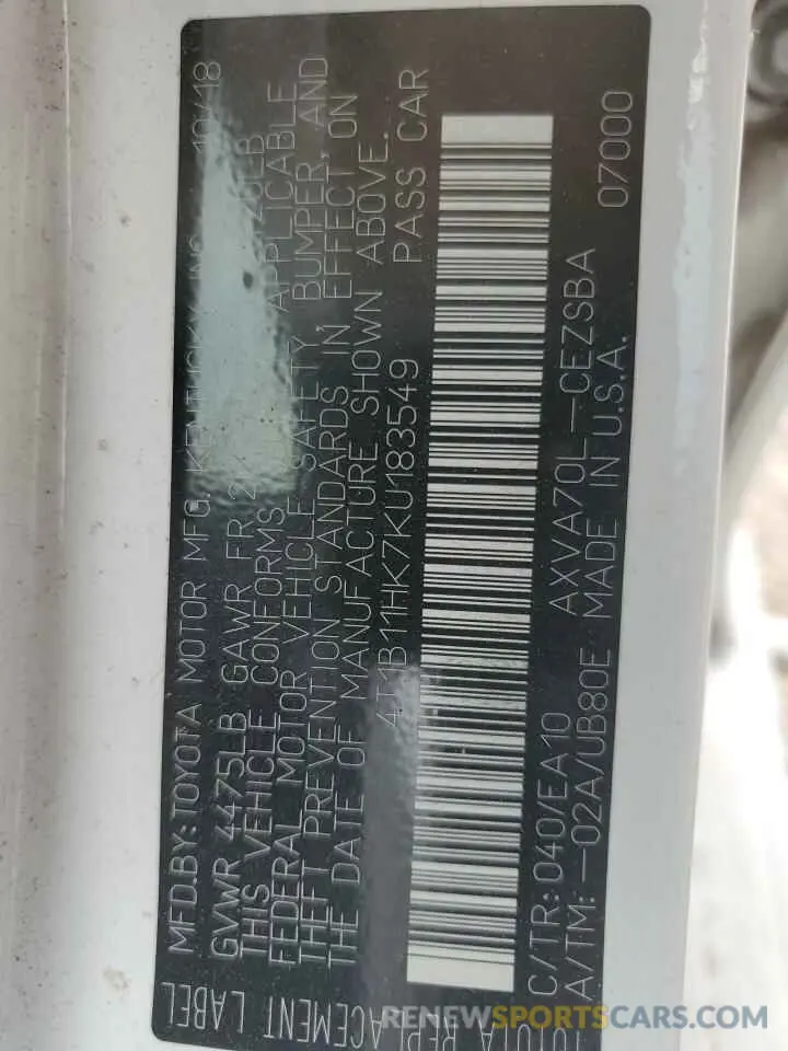 14 Photograph of a damaged car 4T1B11HK7KU183549 TOYOTA CAMRY 2019