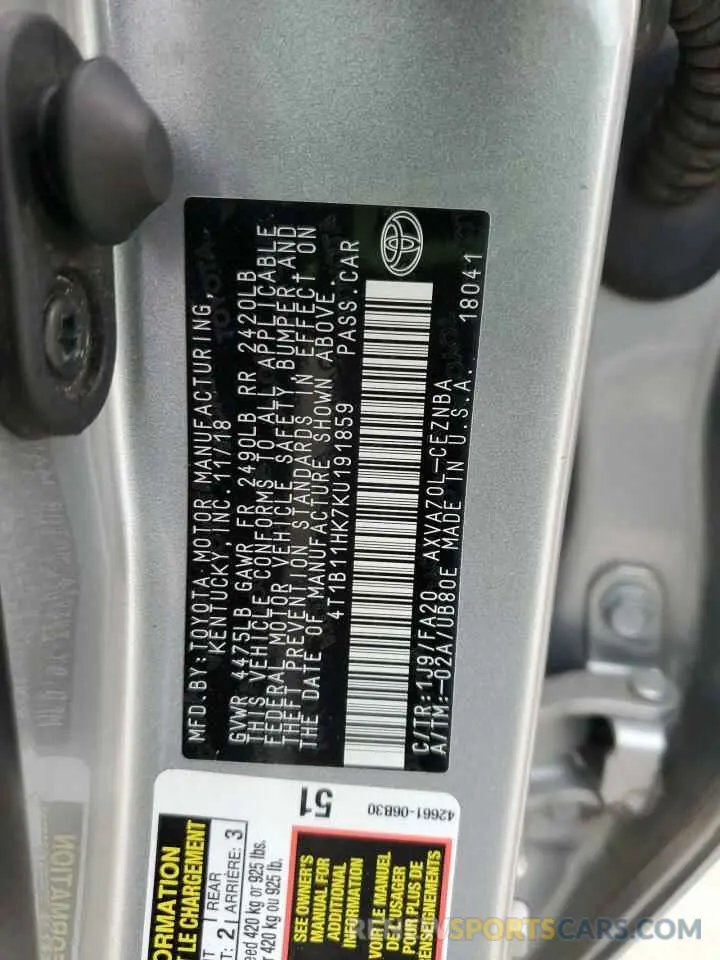 13 Photograph of a damaged car 4T1B11HK7KU191859 TOYOTA CAMRY 2019