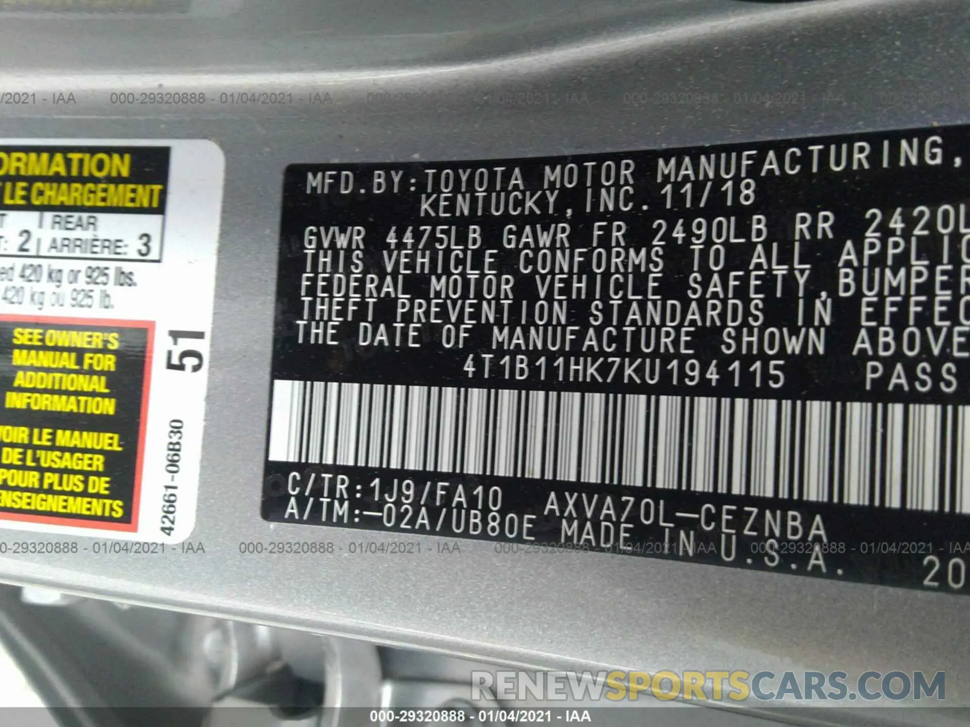 9 Photograph of a damaged car 4T1B11HK7KU194115 TOYOTA CAMRY 2019