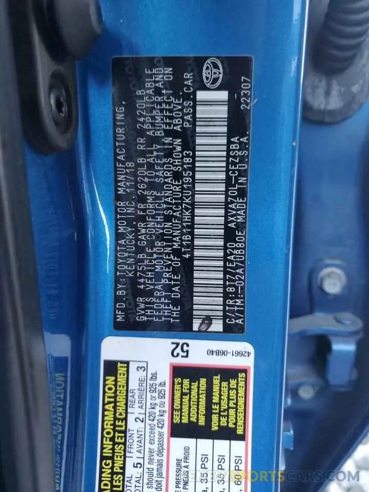 12 Photograph of a damaged car 4T1B11HK7KU195183 TOYOTA CAMRY 2019