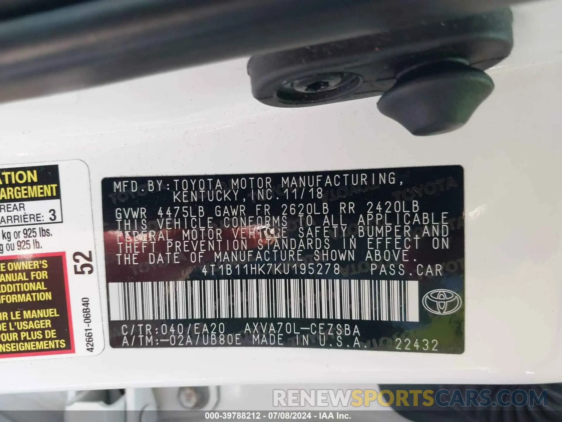 9 Photograph of a damaged car 4T1B11HK7KU195278 TOYOTA CAMRY 2019