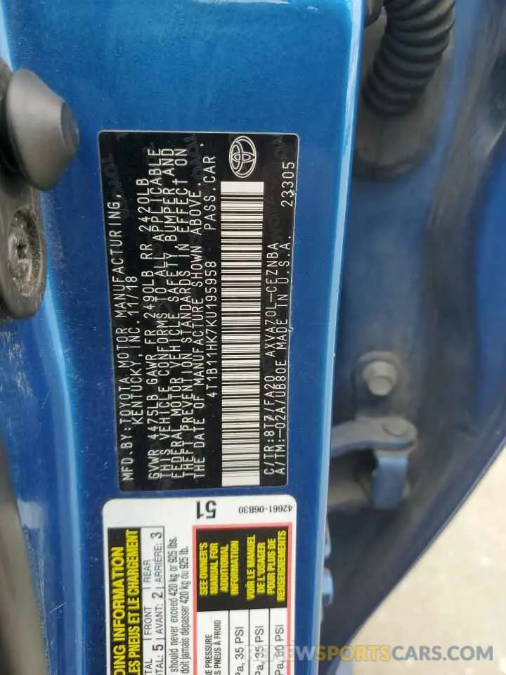 12 Photograph of a damaged car 4T1B11HK7KU195958 TOYOTA CAMRY 2019