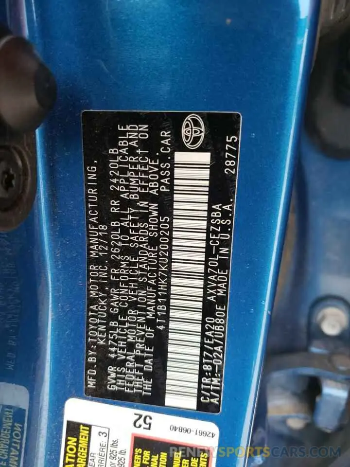 12 Photograph of a damaged car 4T1B11HK7KU200205 TOYOTA CAMRY 2019