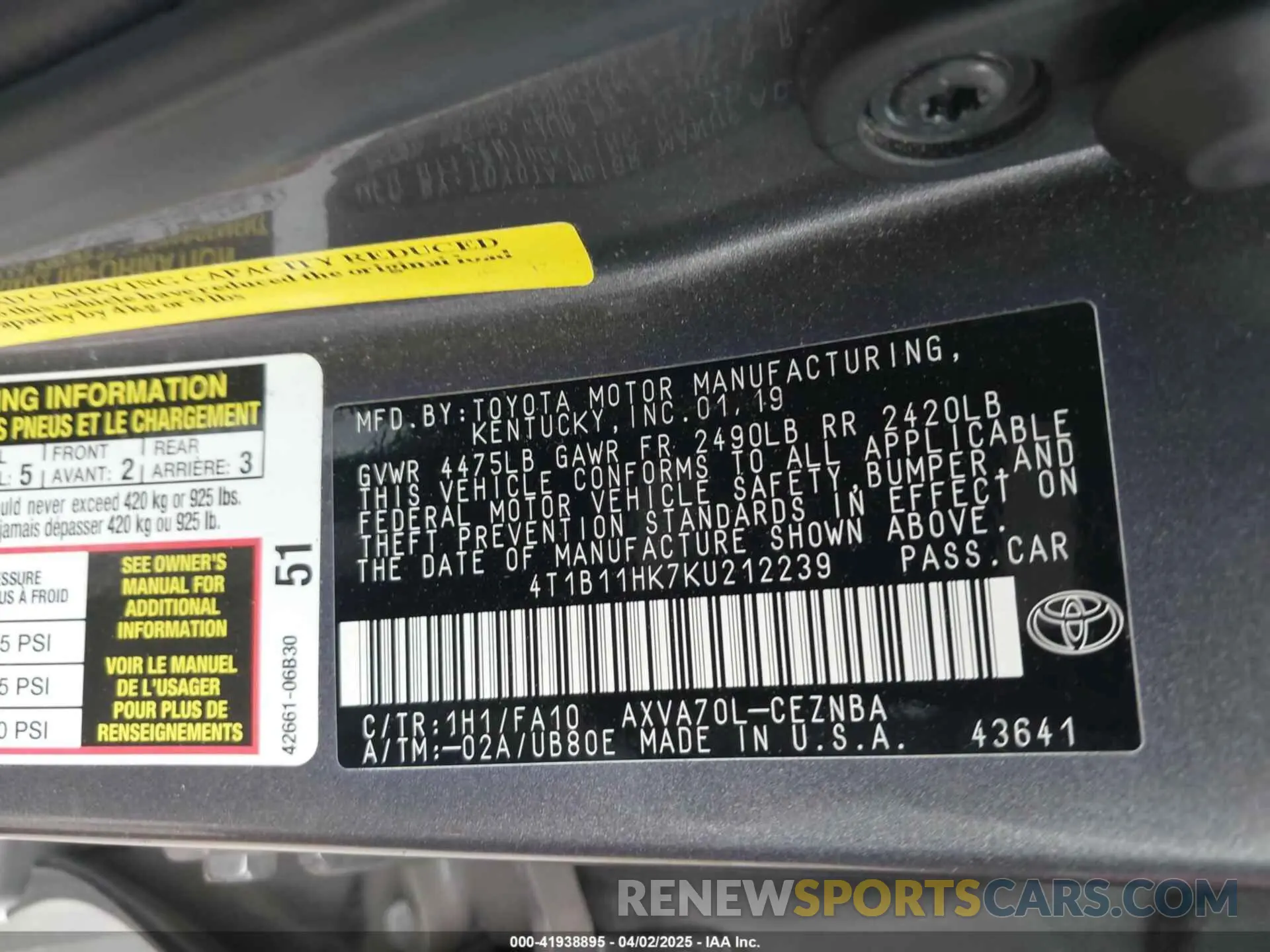 9 Photograph of a damaged car 4T1B11HK7KU212239 TOYOTA CAMRY 2019