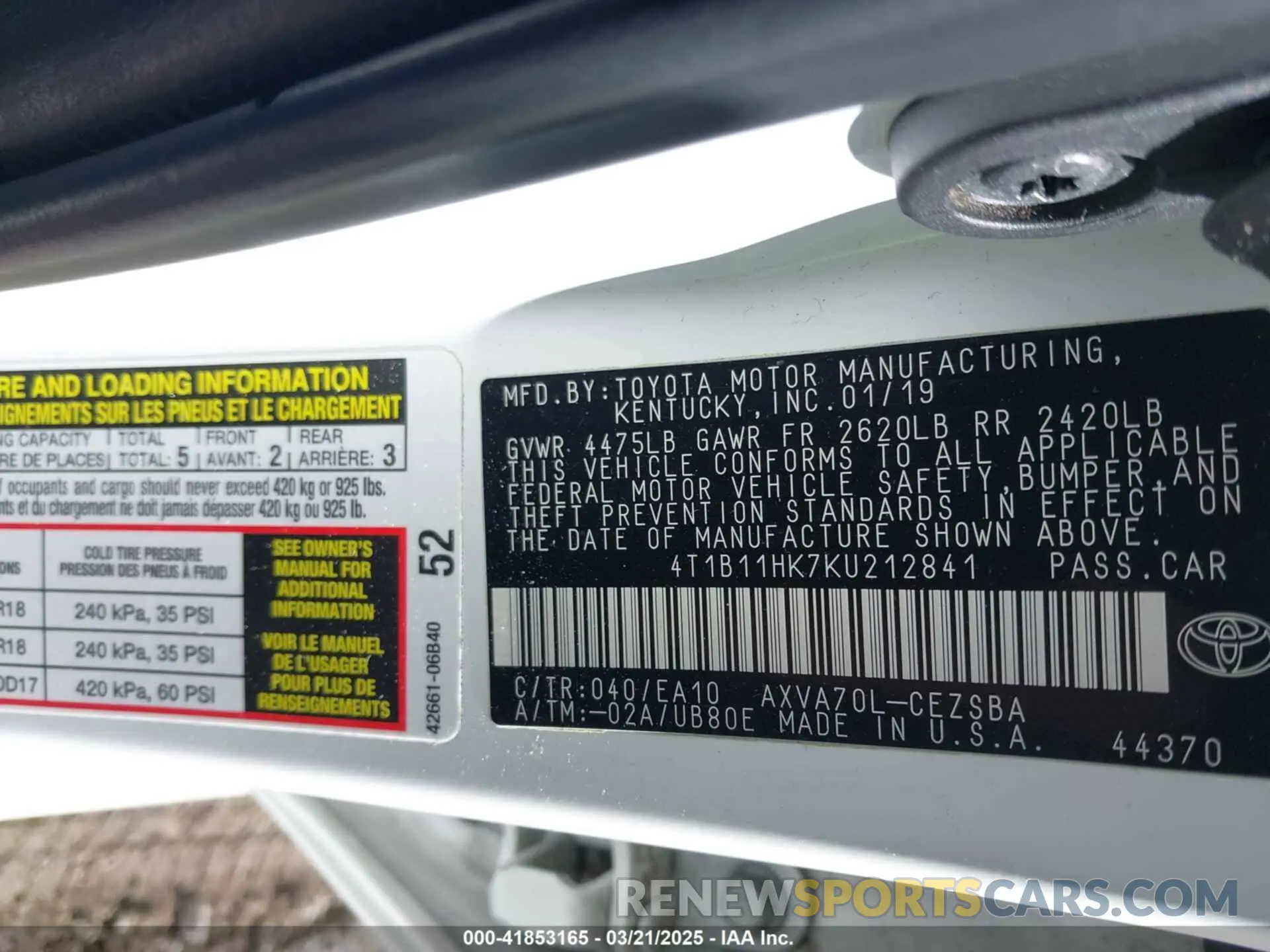 9 Photograph of a damaged car 4T1B11HK7KU212841 TOYOTA CAMRY 2019