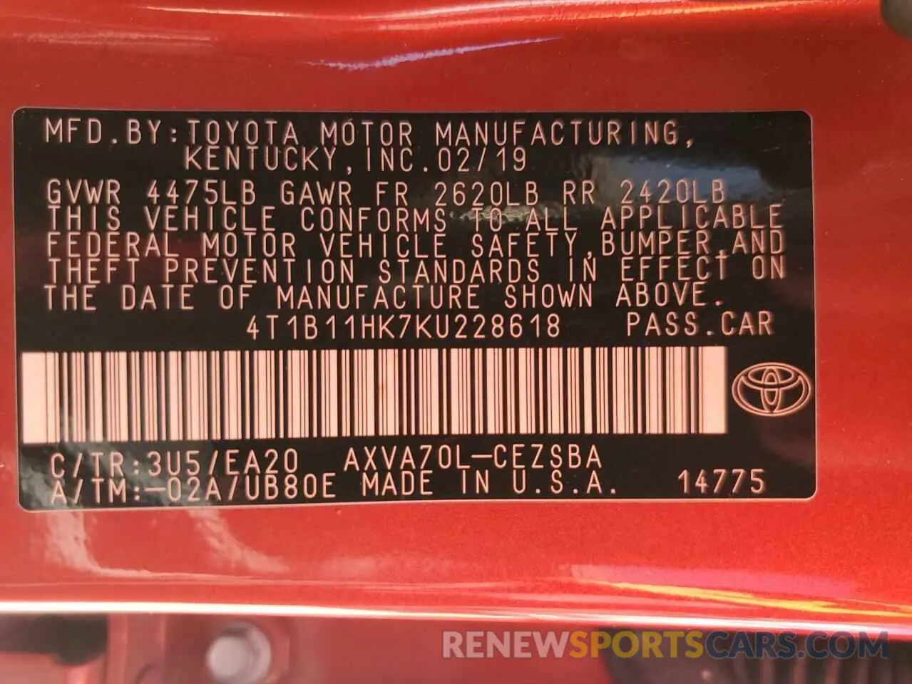 12 Photograph of a damaged car 4T1B11HK7KU228618 TOYOTA CAMRY 2019