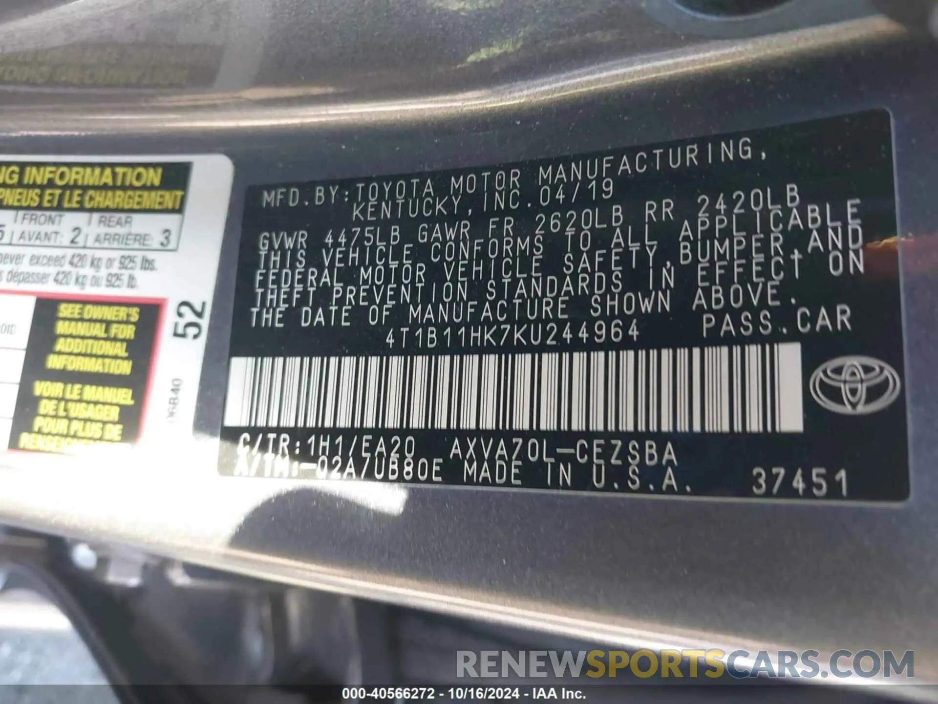 9 Photograph of a damaged car 4T1B11HK7KU244964 TOYOTA CAMRY 2019