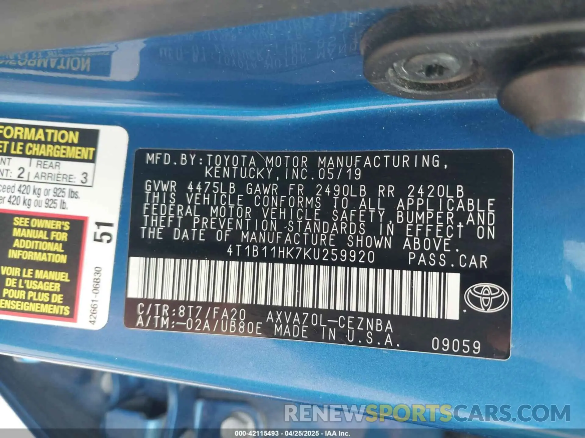 9 Photograph of a damaged car 4T1B11HK7KU259920 TOYOTA CAMRY 2019