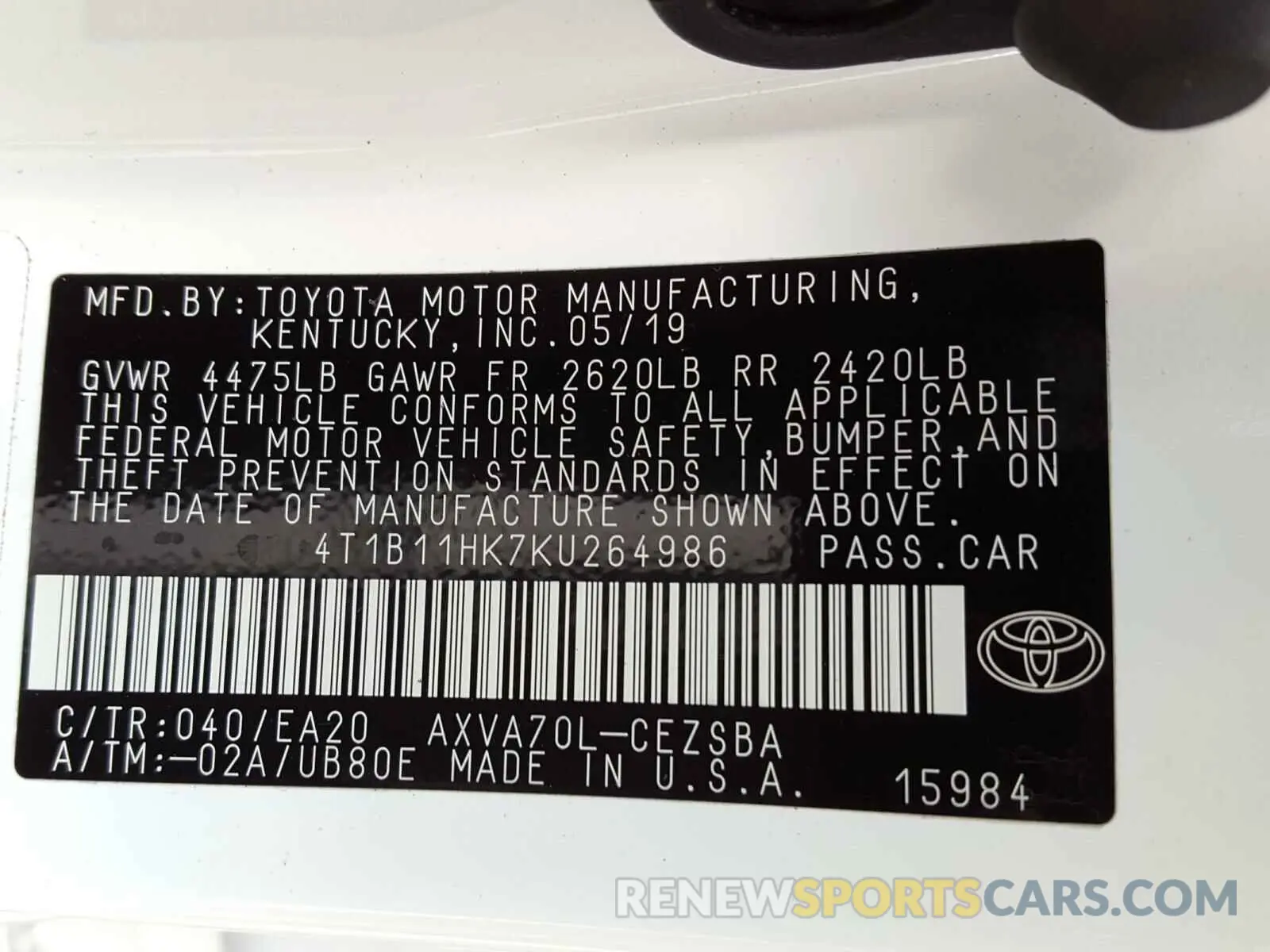 10 Photograph of a damaged car 4T1B11HK7KU264986 TOYOTA CAMRY 2019