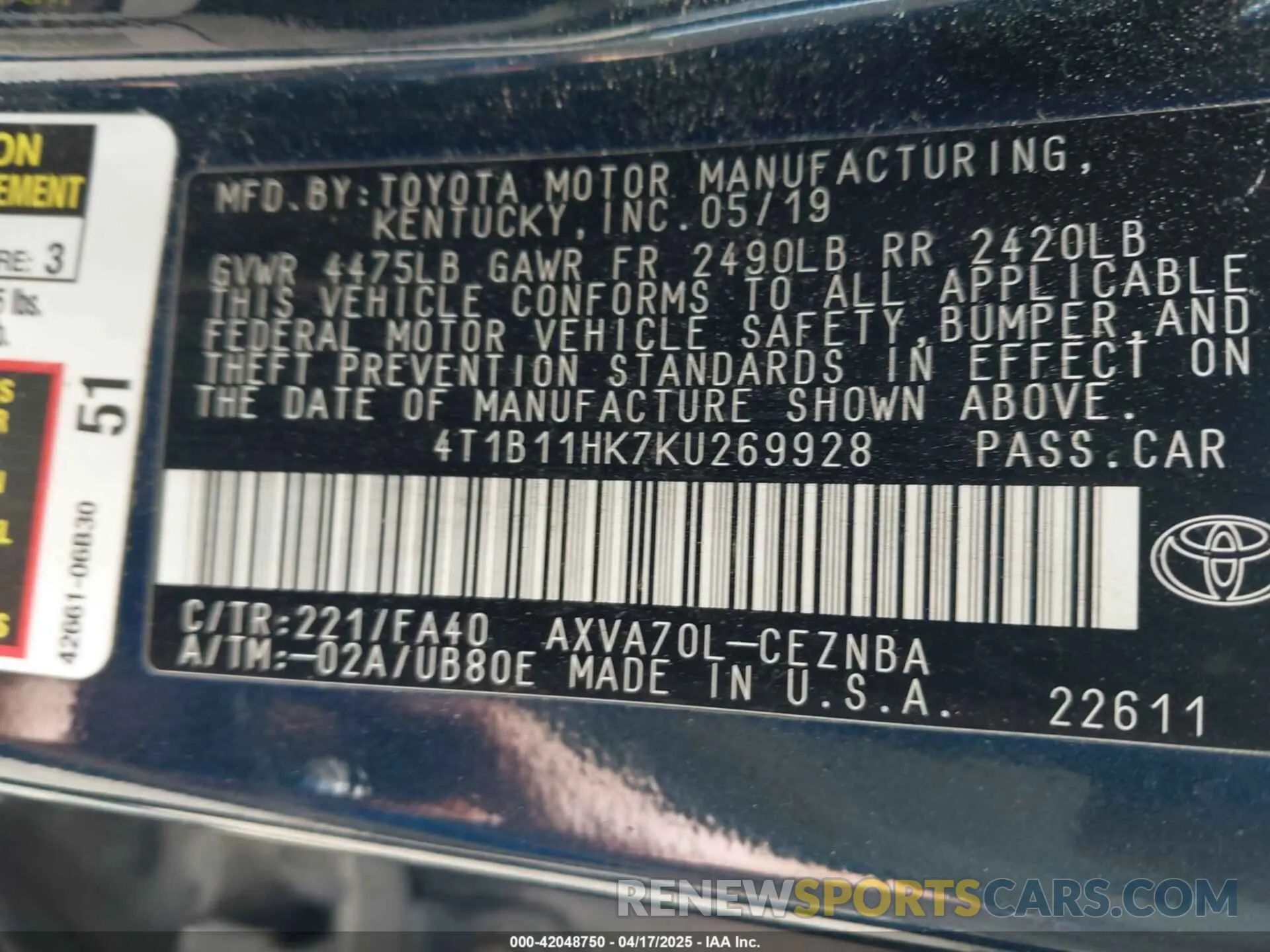 9 Photograph of a damaged car 4T1B11HK7KU269928 TOYOTA CAMRY 2019