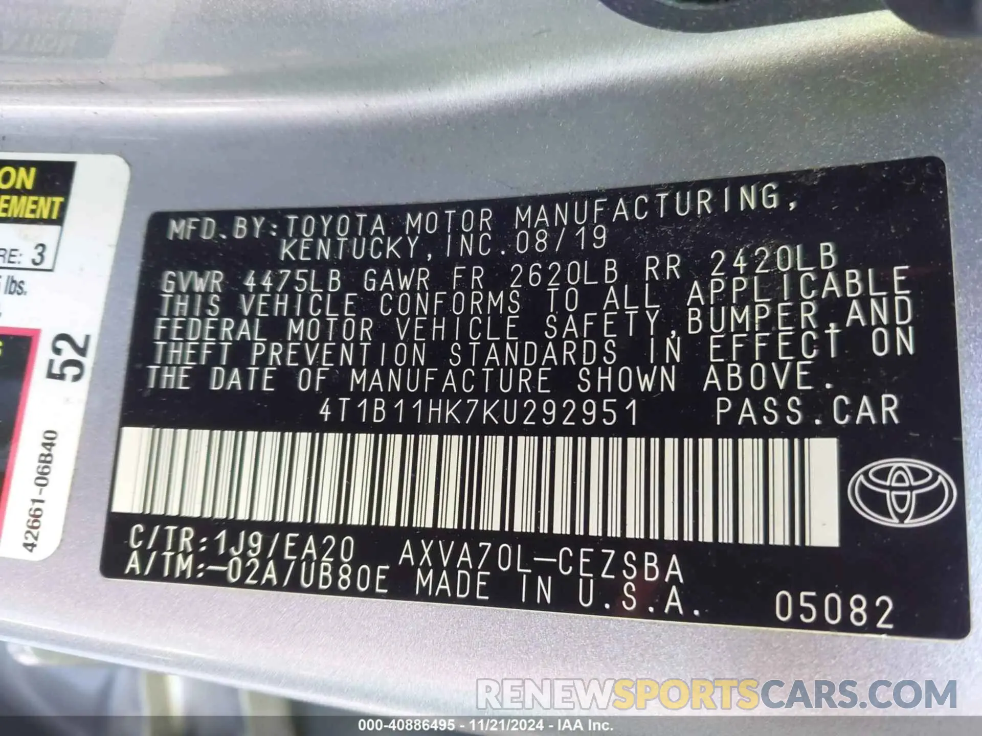 9 Photograph of a damaged car 4T1B11HK7KU292951 TOYOTA CAMRY 2019
