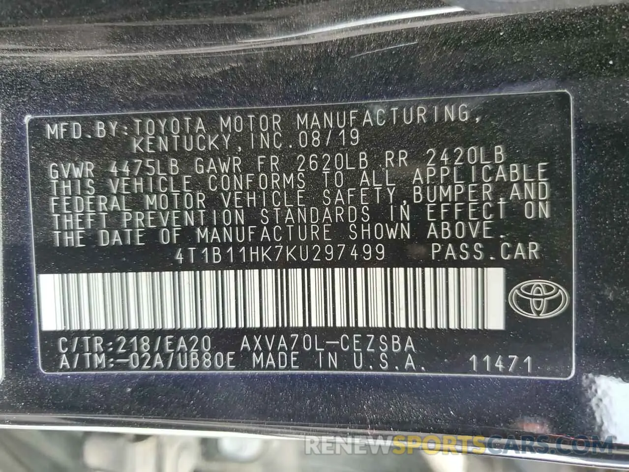 12 Photograph of a damaged car 4T1B11HK7KU297499 TOYOTA CAMRY 2019
