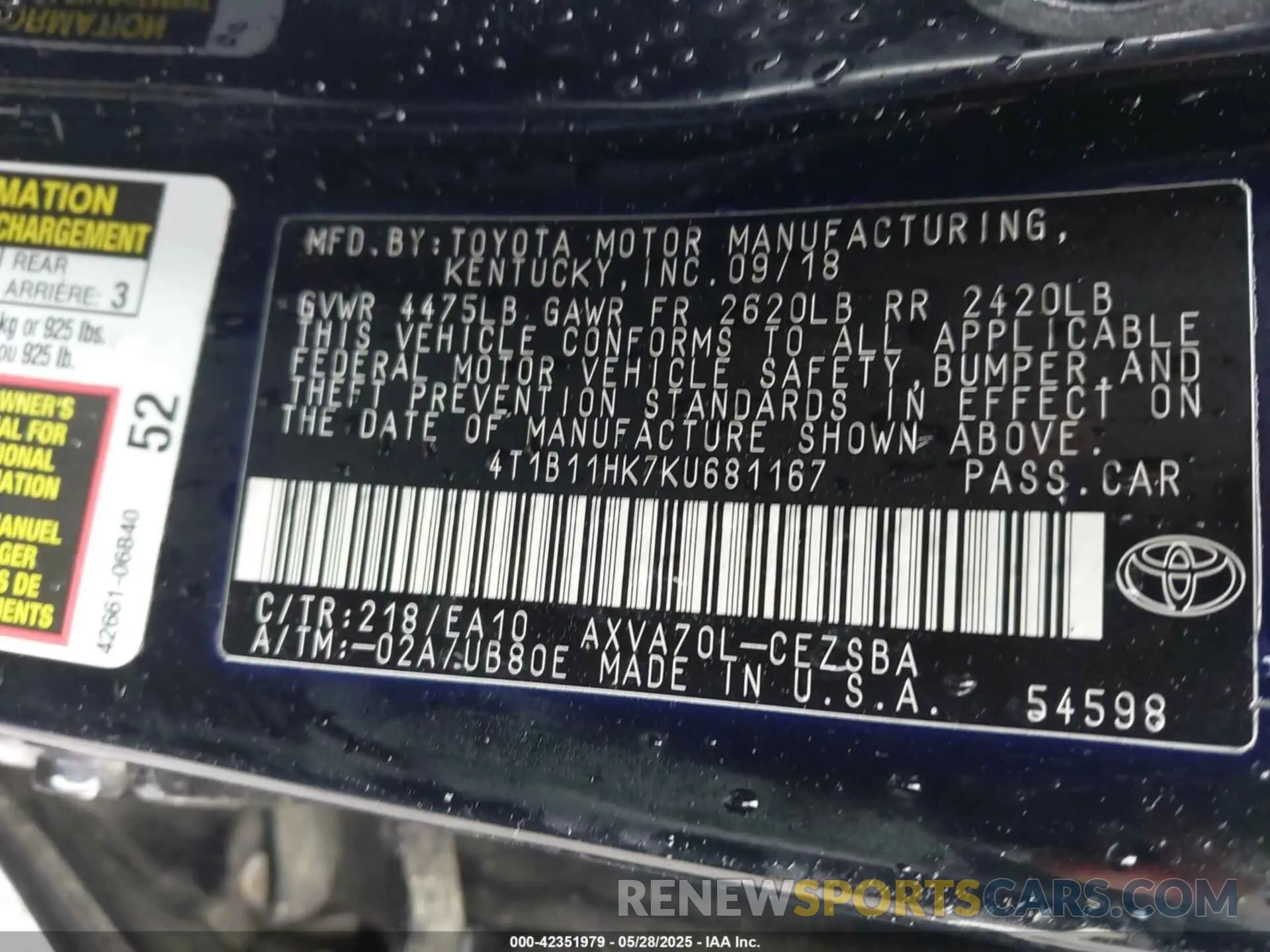 9 Photograph of a damaged car 4T1B11HK7KU681167 TOYOTA CAMRY 2019