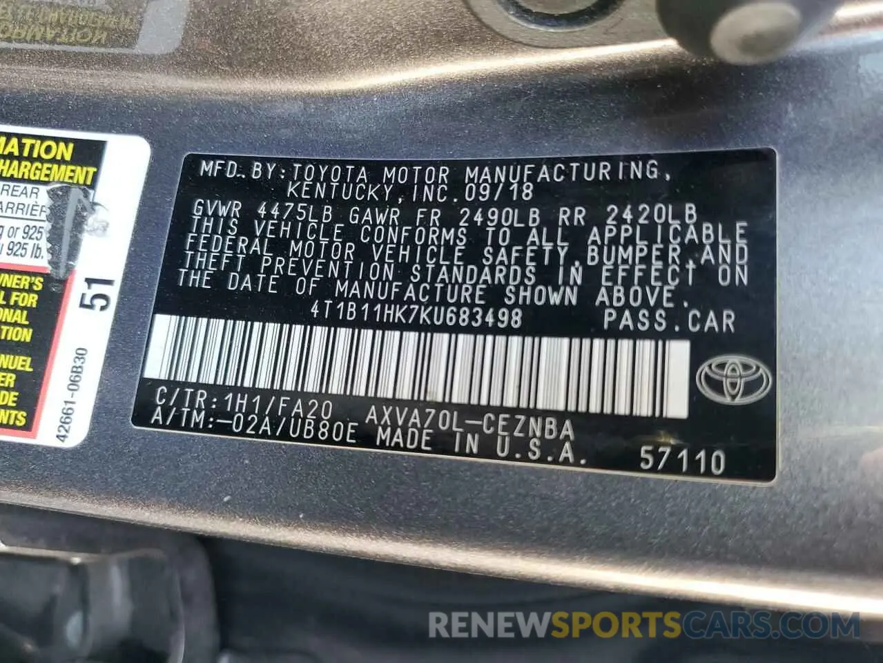12 Photograph of a damaged car 4T1B11HK7KU683498 TOYOTA CAMRY 2019