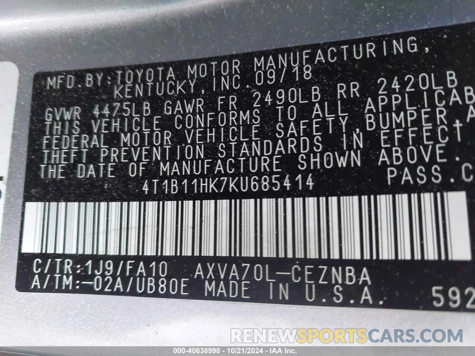 9 Photograph of a damaged car 4T1B11HK7KU685414 TOYOTA CAMRY 2019