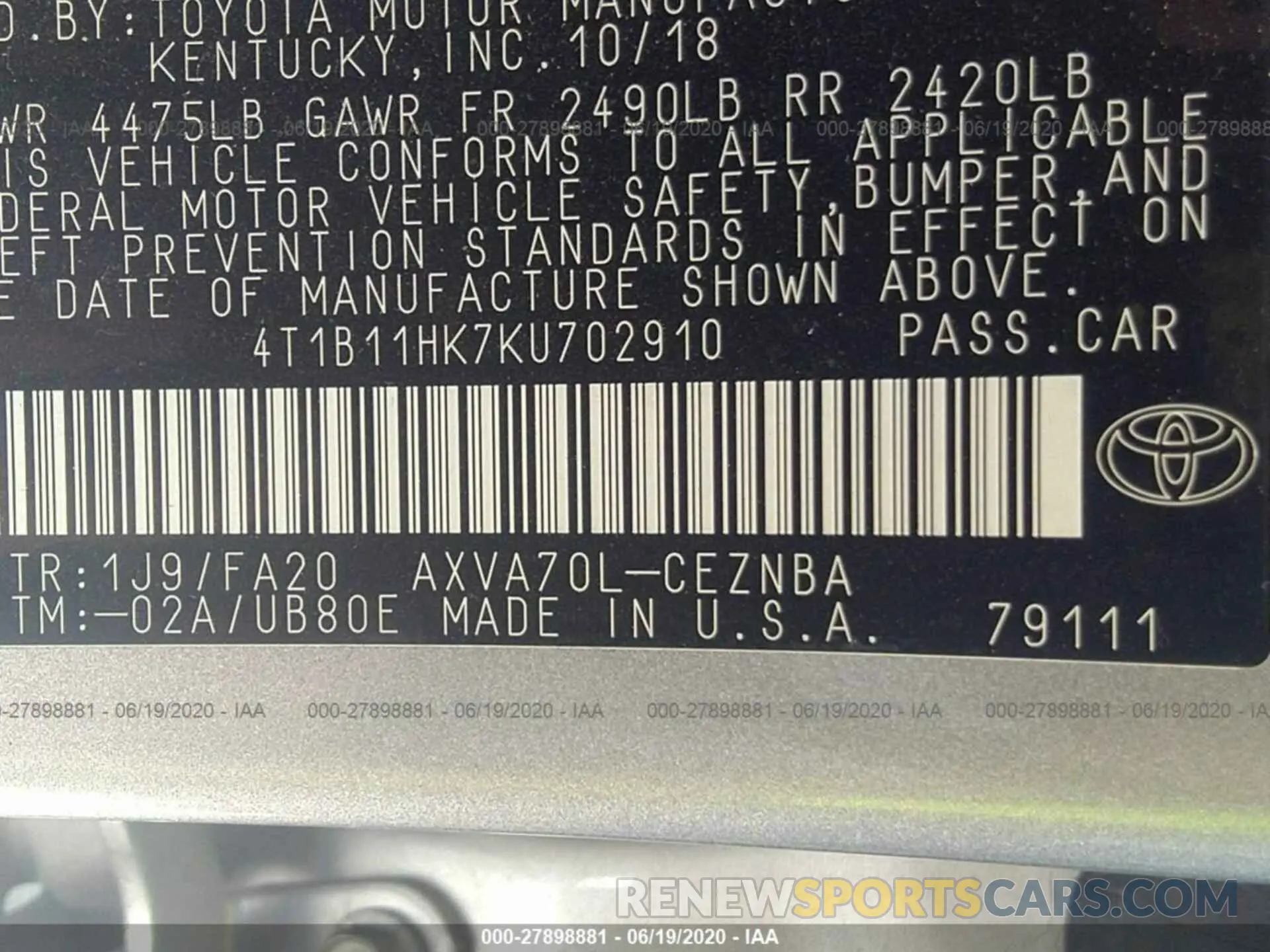 9 Photograph of a damaged car 4T1B11HK7KU702910 TOYOTA CAMRY 2019