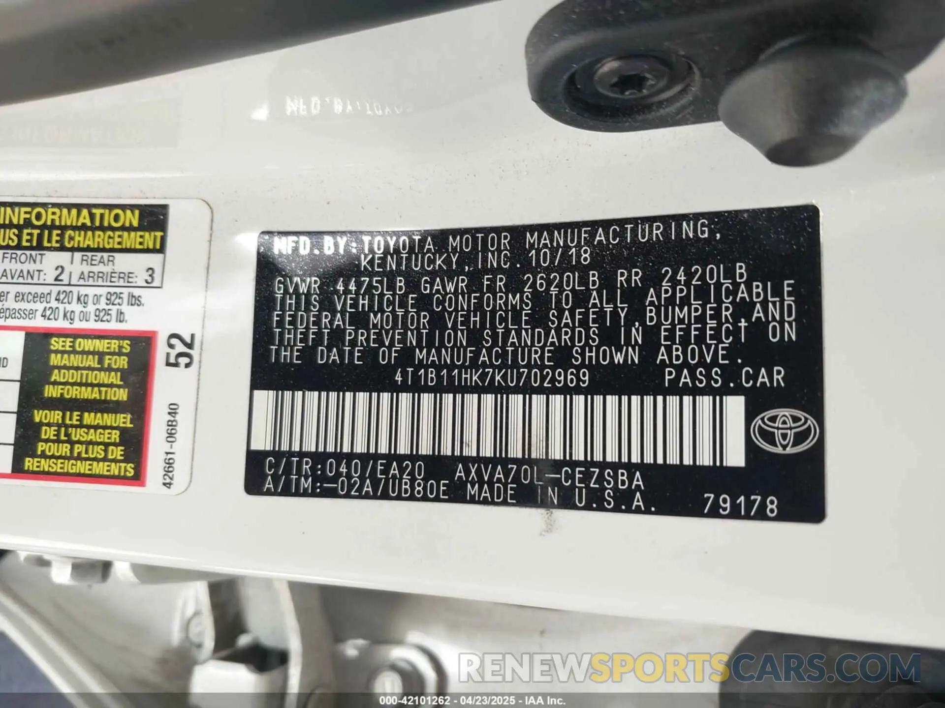 9 Photograph of a damaged car 4T1B11HK7KU702969 TOYOTA CAMRY 2019