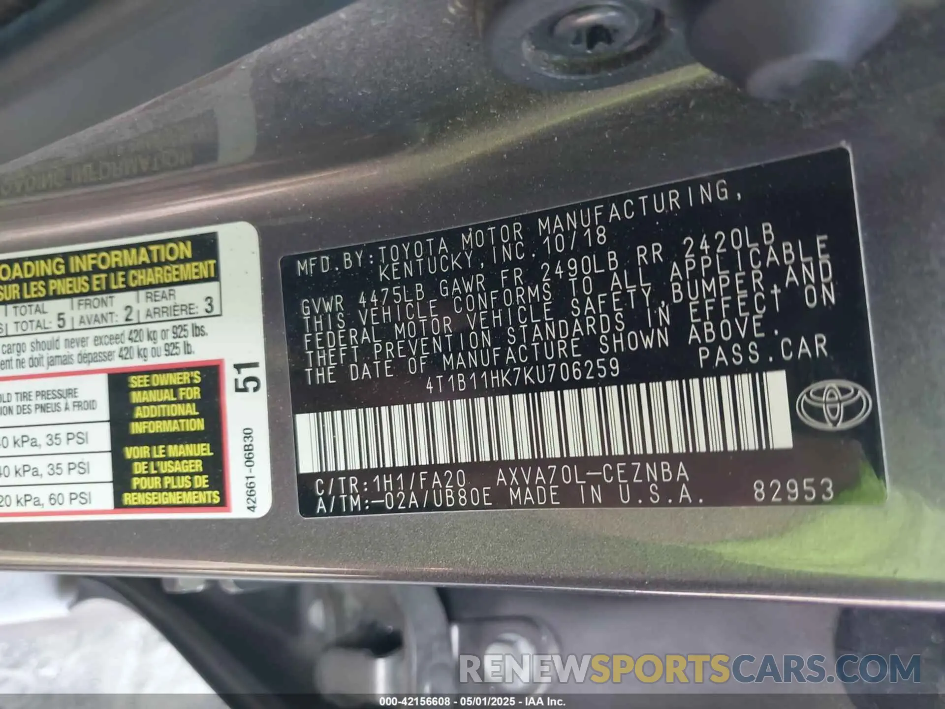 9 Photograph of a damaged car 4T1B11HK7KU706259 TOYOTA CAMRY 2019
