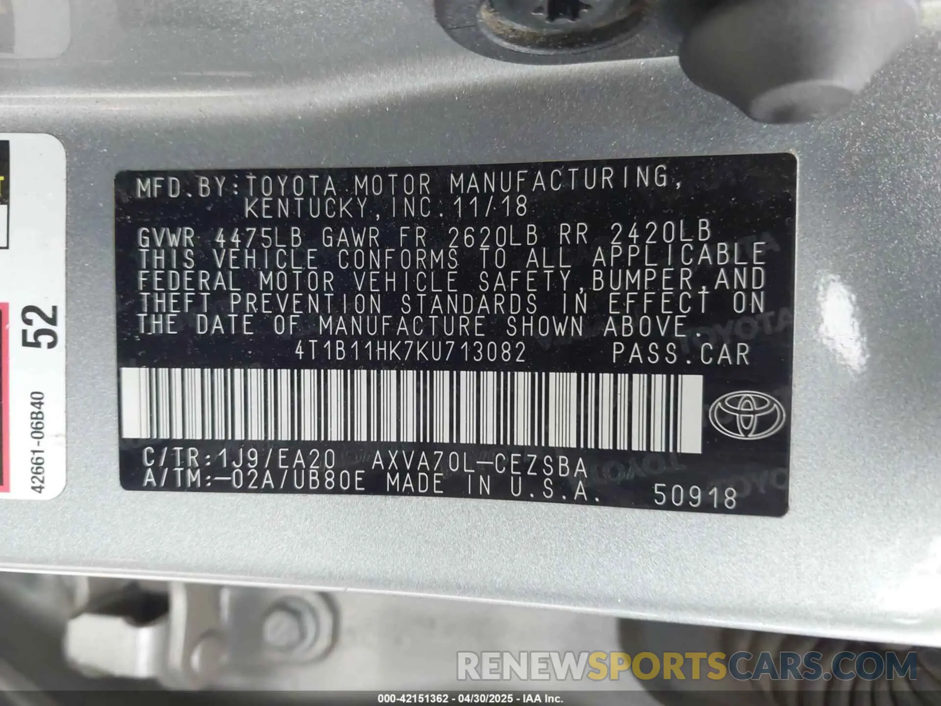 9 Photograph of a damaged car 4T1B11HK7KU713082 TOYOTA CAMRY 2019