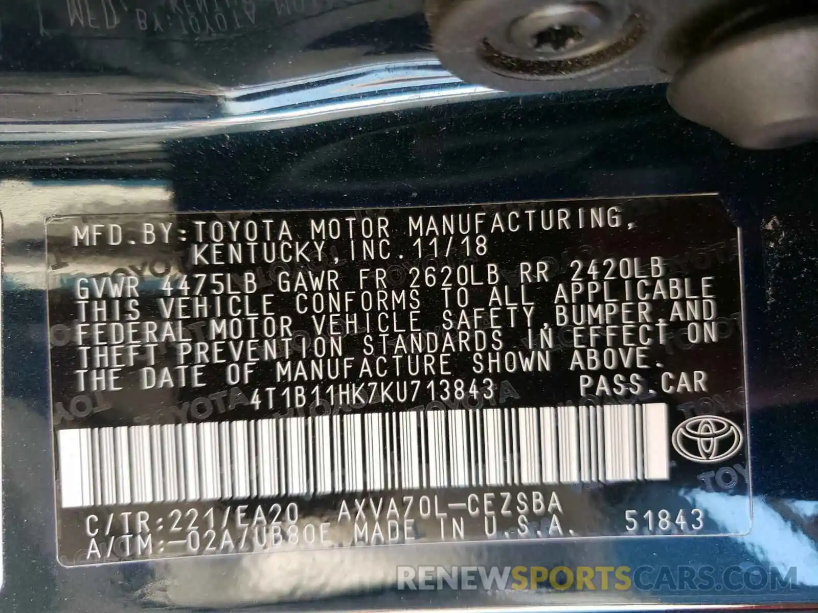 10 Photograph of a damaged car 4T1B11HK7KU713843 TOYOTA CAMRY 2019