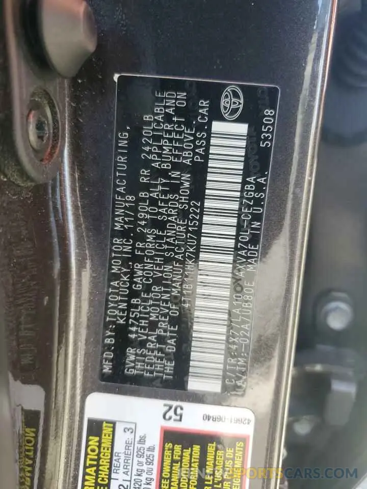 12 Photograph of a damaged car 4T1B11HK7KU715222 TOYOTA CAMRY 2019