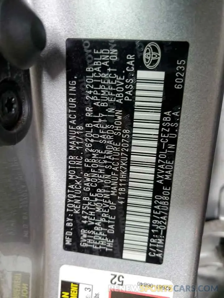 13 Photograph of a damaged car 4T1B11HK7KU720758 TOYOTA CAMRY 2019