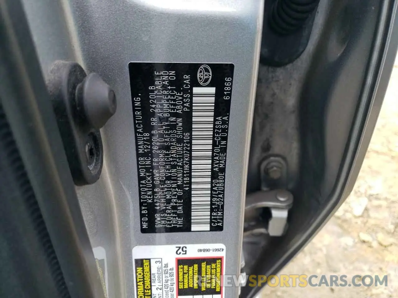 15 Photograph of a damaged car 4T1B11HK7KU722106 TOYOTA CAMRY 2019
