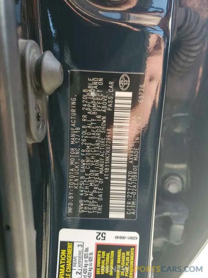 12 Photograph of a damaged car 4T1B11HK7KU728648 TOYOTA CAMRY 2019