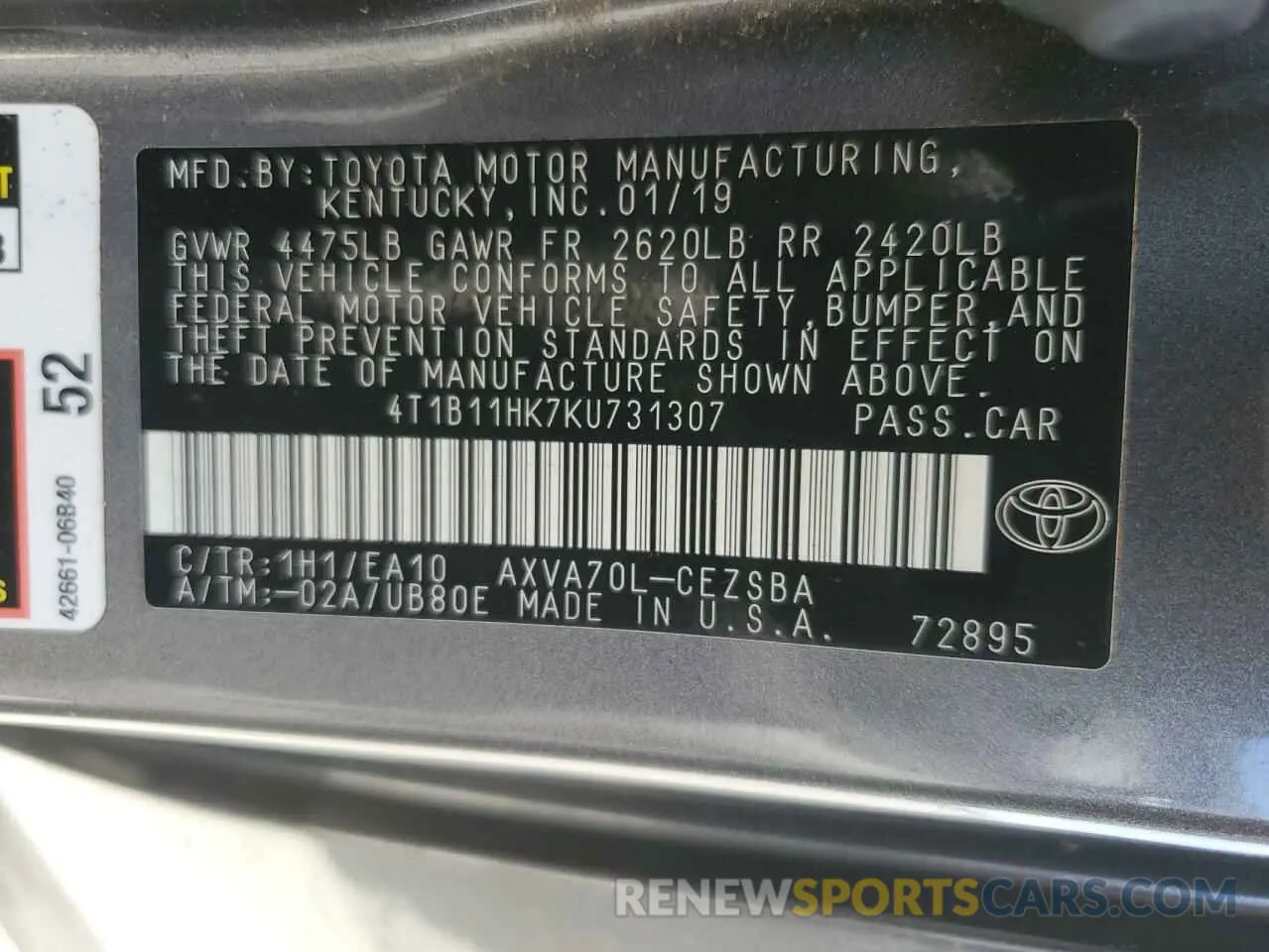 13 Photograph of a damaged car 4T1B11HK7KU731307 TOYOTA CAMRY 2019