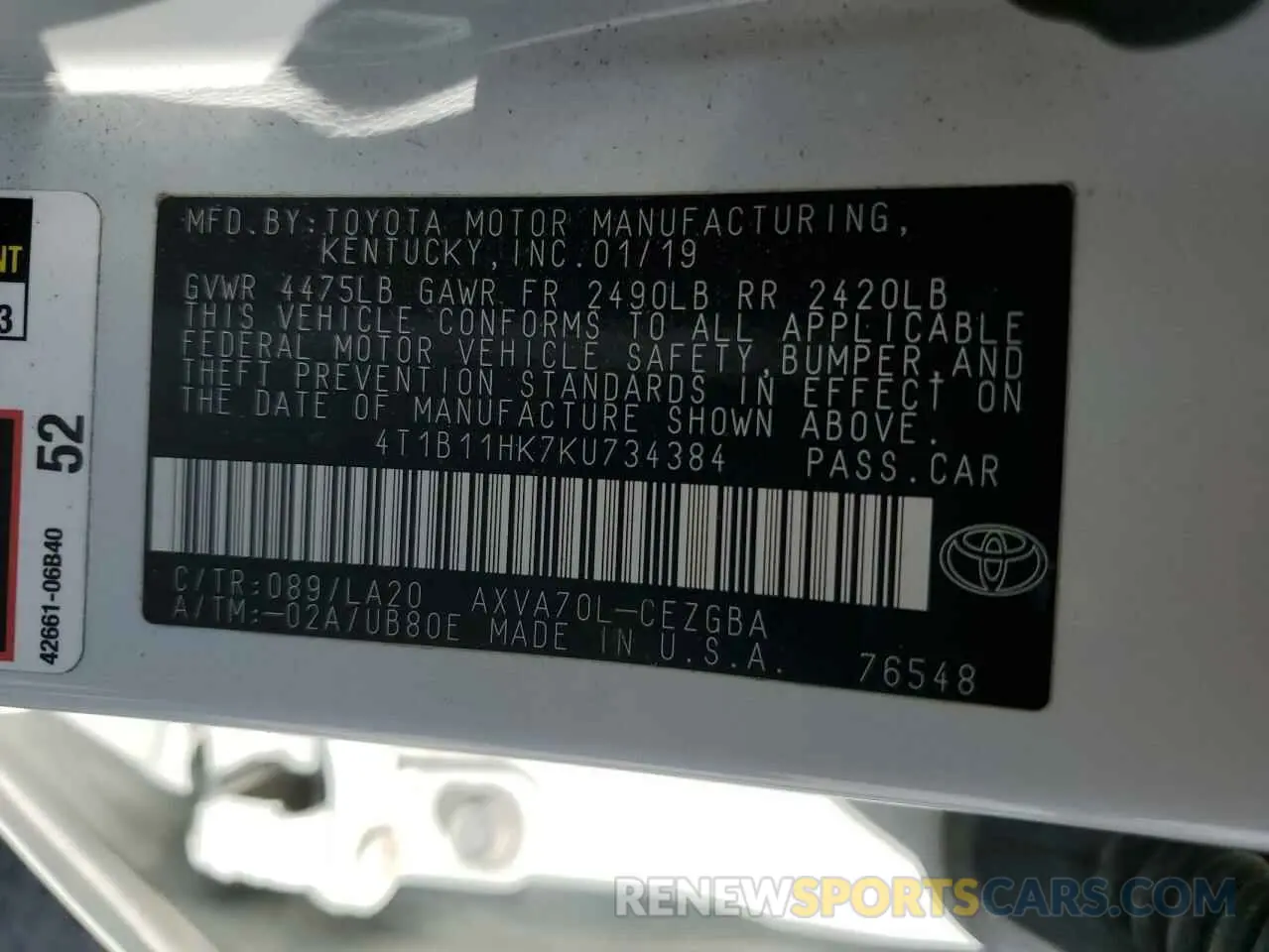 14 Photograph of a damaged car 4T1B11HK7KU734384 TOYOTA CAMRY 2019