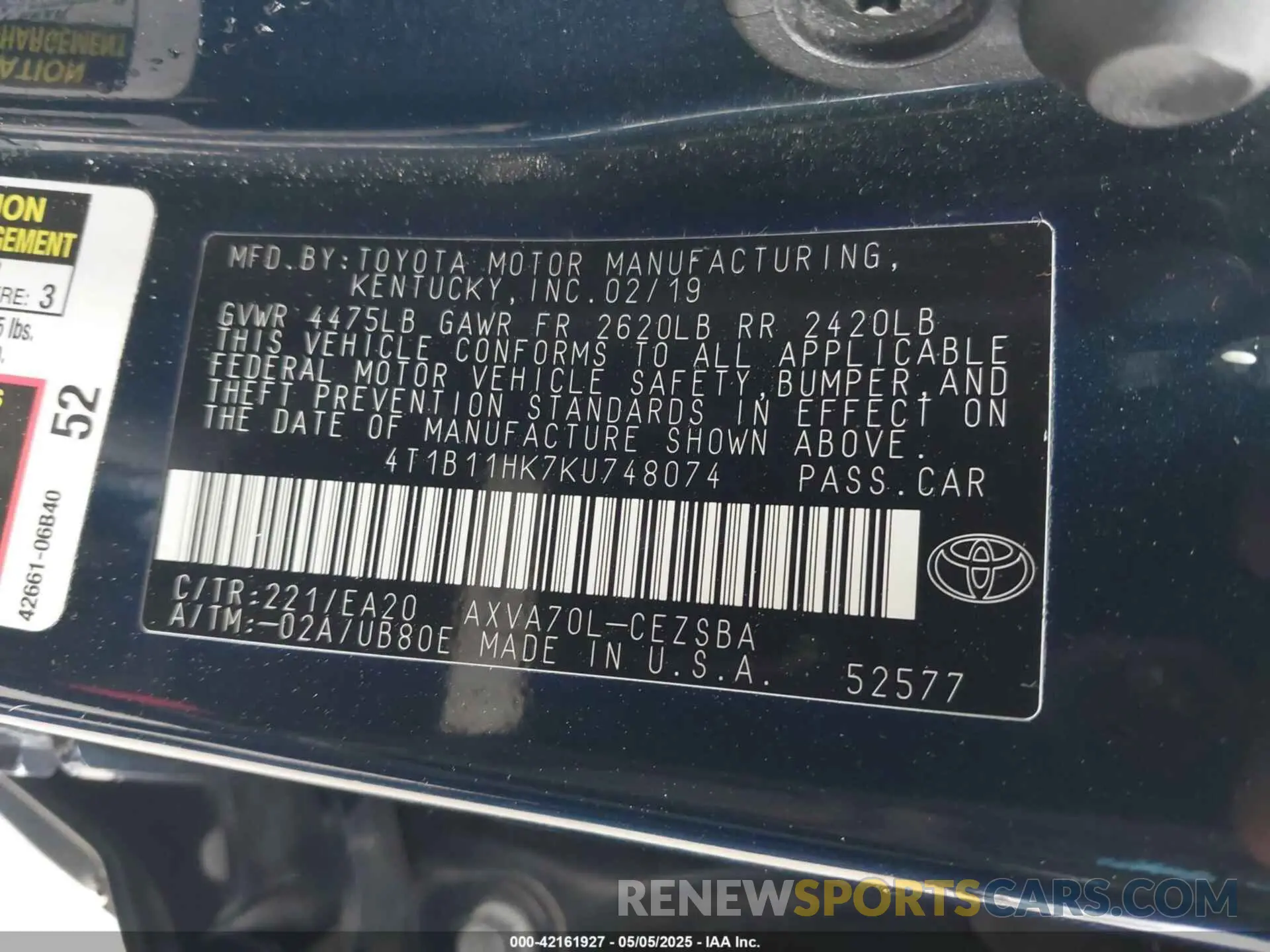 9 Photograph of a damaged car 4T1B11HK7KU748074 TOYOTA CAMRY 2019