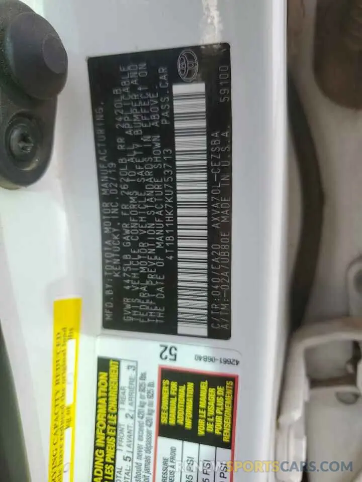 13 Photograph of a damaged car 4T1B11HK7KU753713 TOYOTA CAMRY 2019