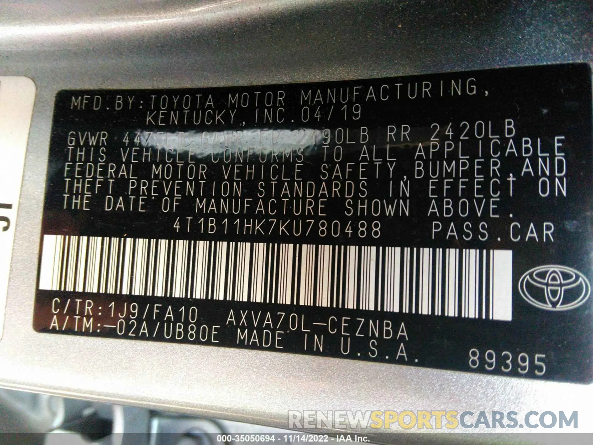 9 Photograph of a damaged car 4T1B11HK7KU780488 TOYOTA CAMRY 2019