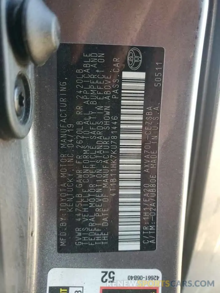 13 Photograph of a damaged car 4T1B11HK7KU781446 TOYOTA CAMRY 2019