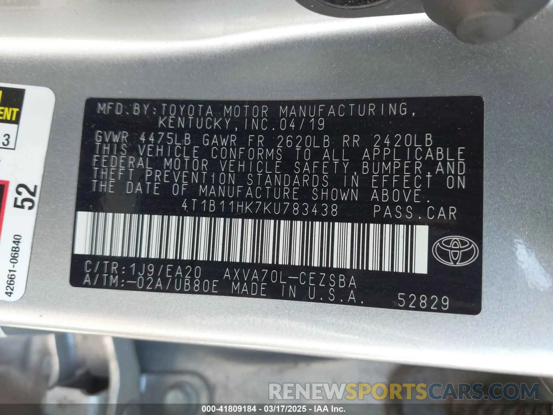9 Photograph of a damaged car 4T1B11HK7KU783438 TOYOTA CAMRY 2019