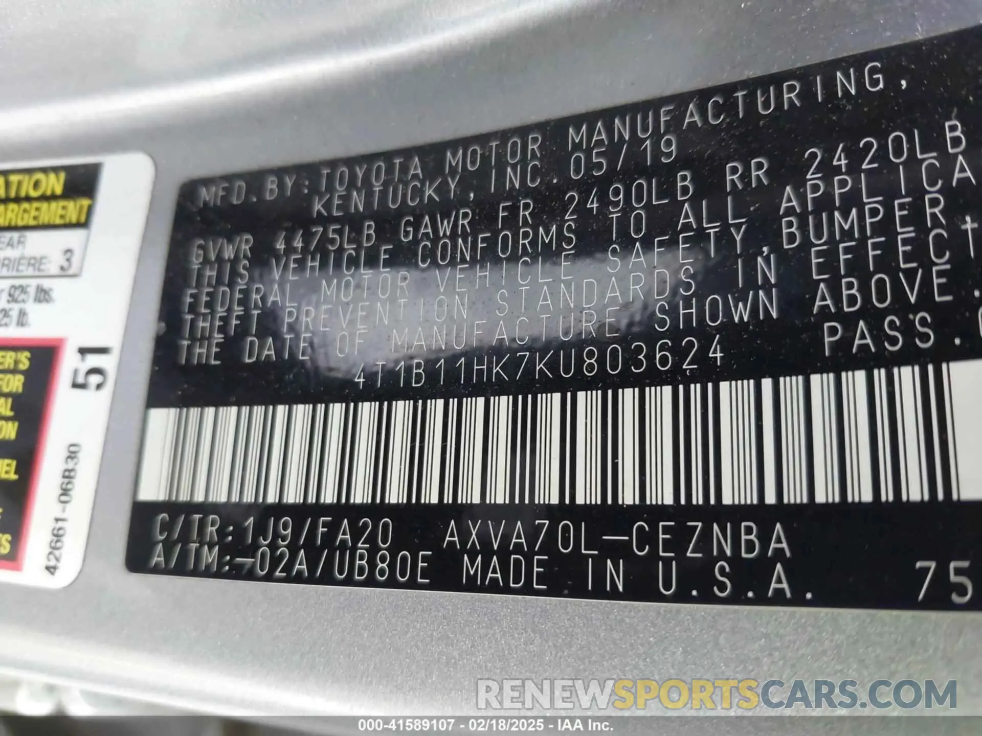 9 Photograph of a damaged car 4T1B11HK7KU803624 TOYOTA CAMRY 2019